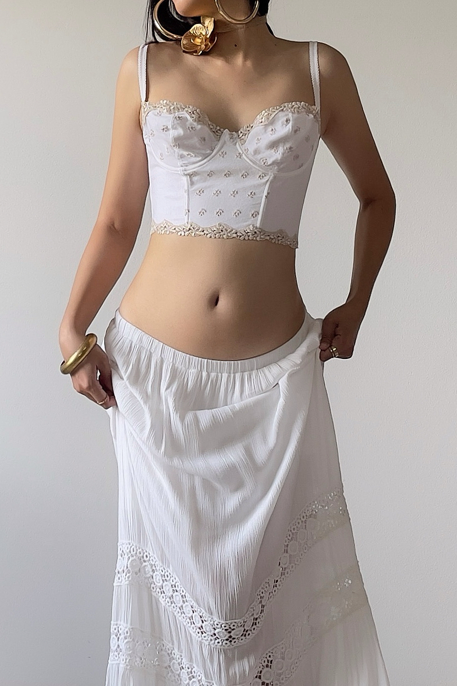 Vintage 1990s White Cotton Embroidered Bustier (34B)
