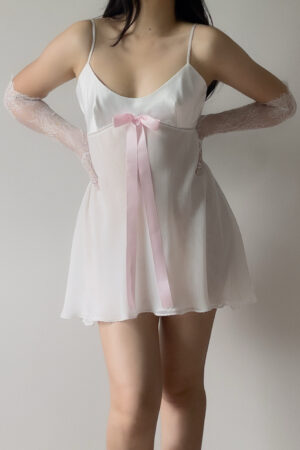 Vintage 1990s White Satin Chiffon Mini Slip Dress (M)