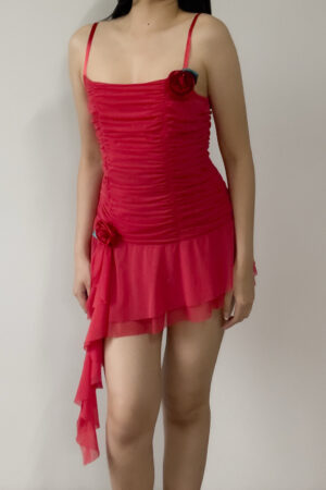 Vintage Red Ruched Mesh Mini Slip Dress (S–M)