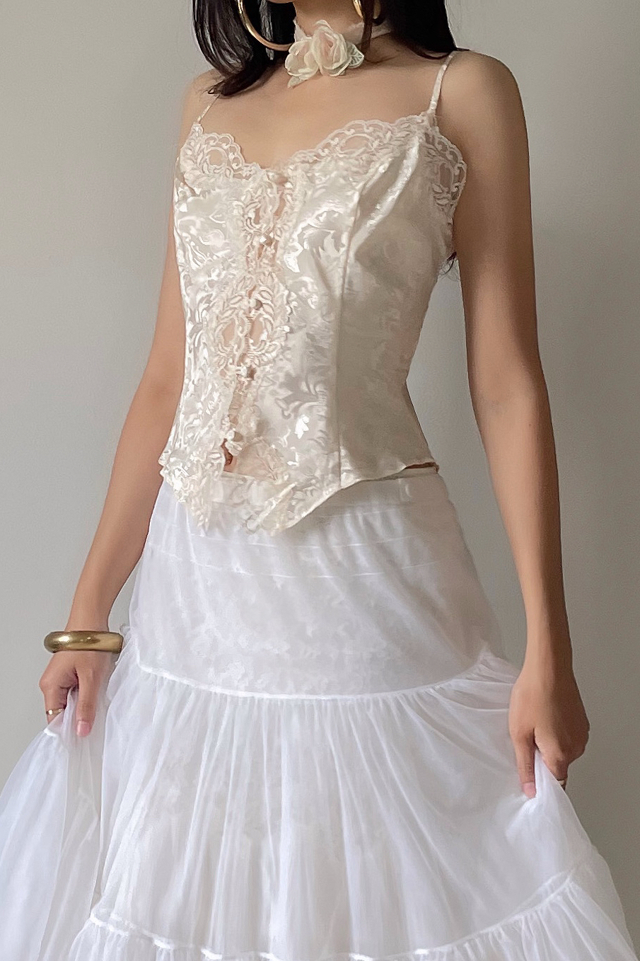 Vintage 1990s Soft Cream Jacquard Lace Camisole (M)