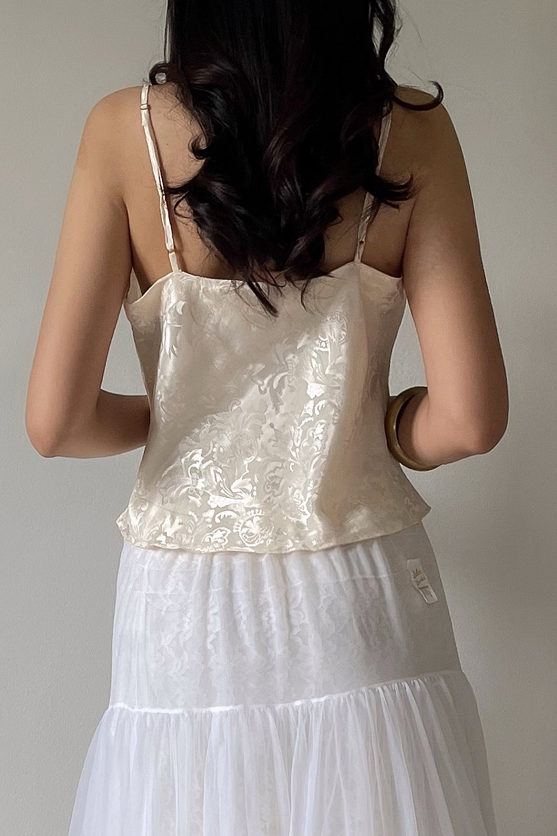 Vintage 1990s Soft Cream Jacquard Lace Camisole (M) - Image 3