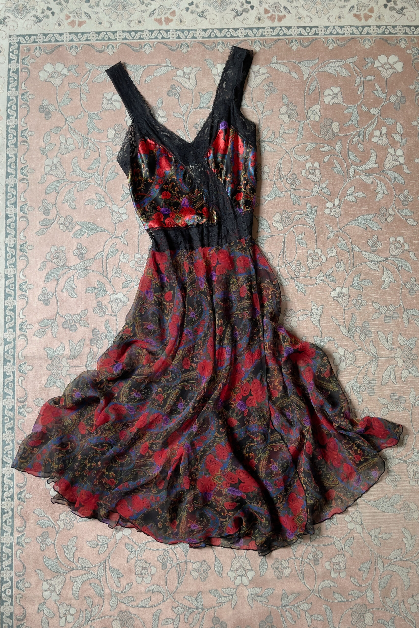 Vintage 1990s Satin & Sheer Chiffon Floral Paisley Lace Maxi Slip Dress (M–L) - Image 12