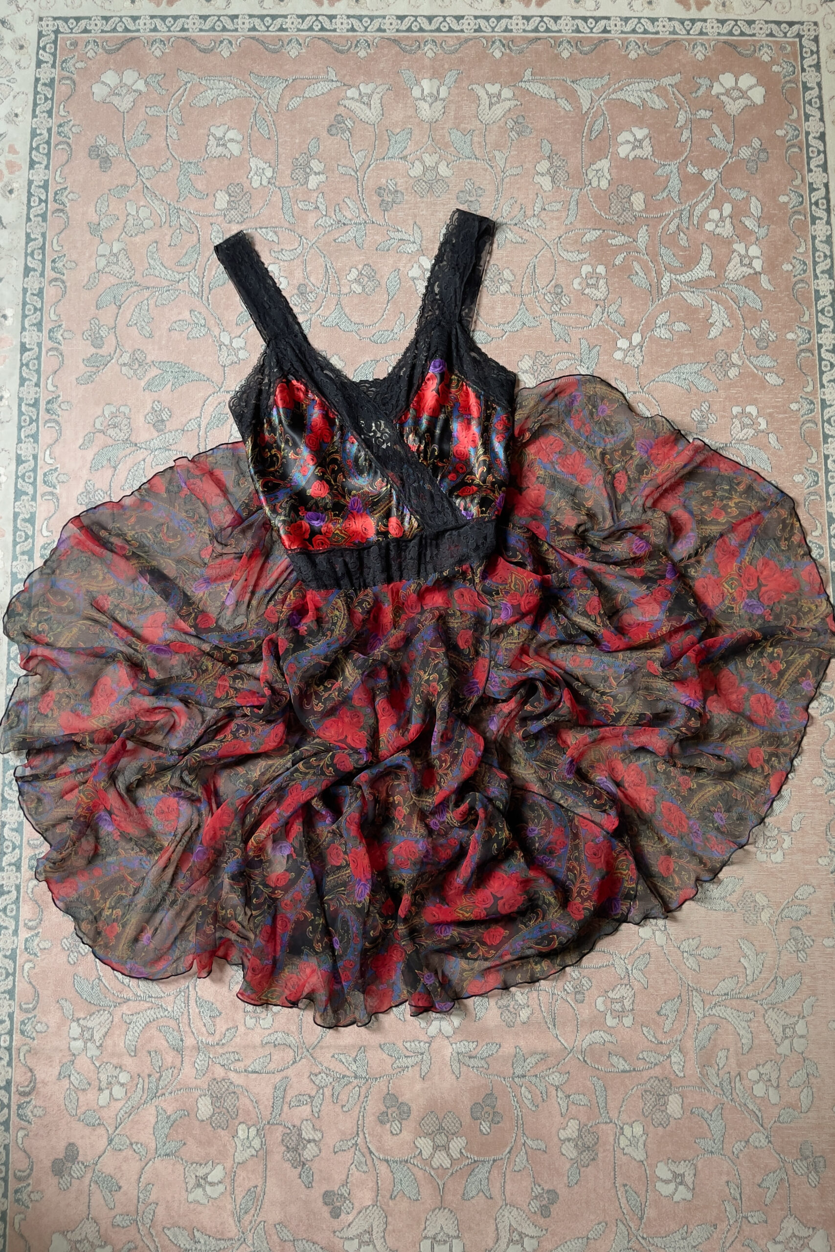 Vintage 1990s Satin & Sheer Chiffon Floral Paisley Lace Maxi Slip Dress (M–L) - Image 13