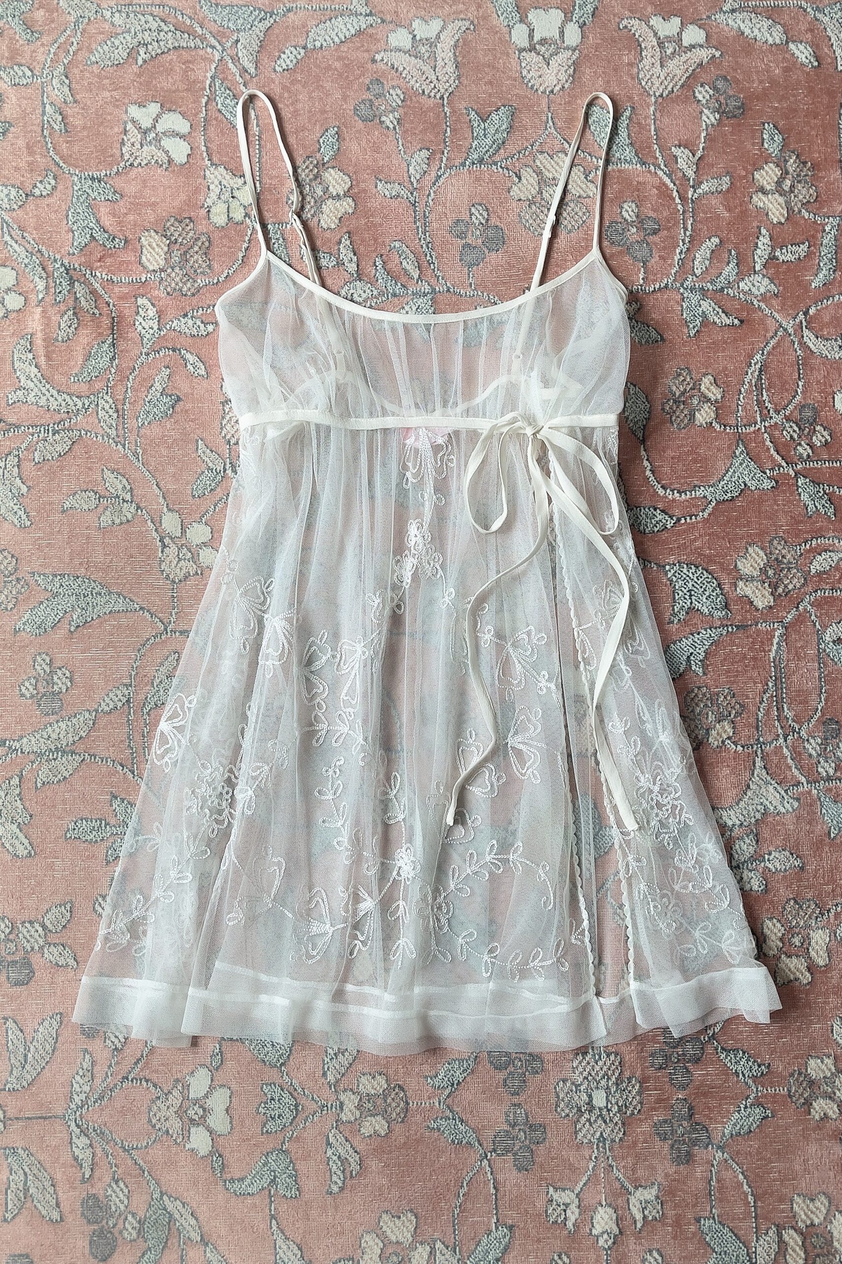 Vintage Soft Ivory Mesh Embroidered Mini Slip Dress (S) - Image 6