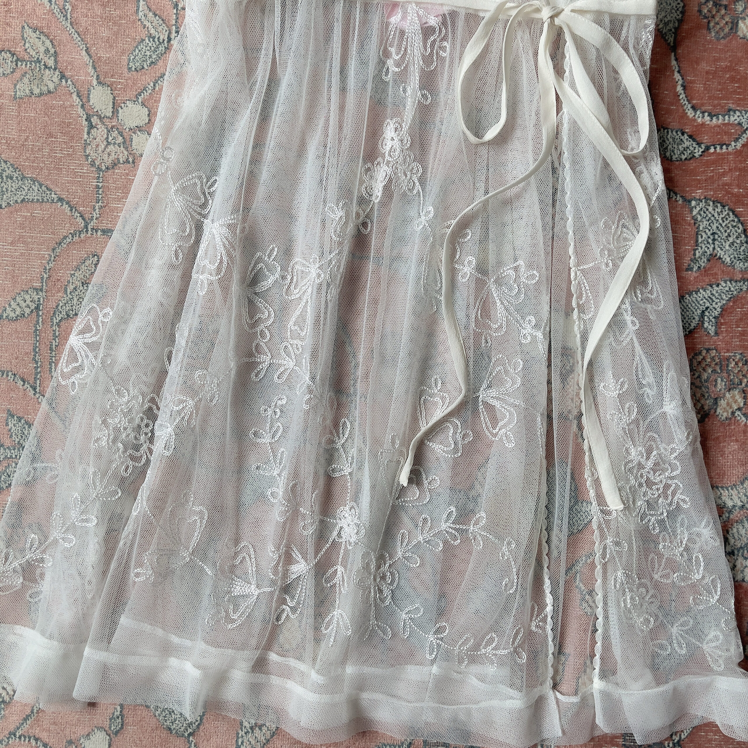 Vintage Soft Ivory Mesh Embroidered Mini Slip Dress (S) - Image 7