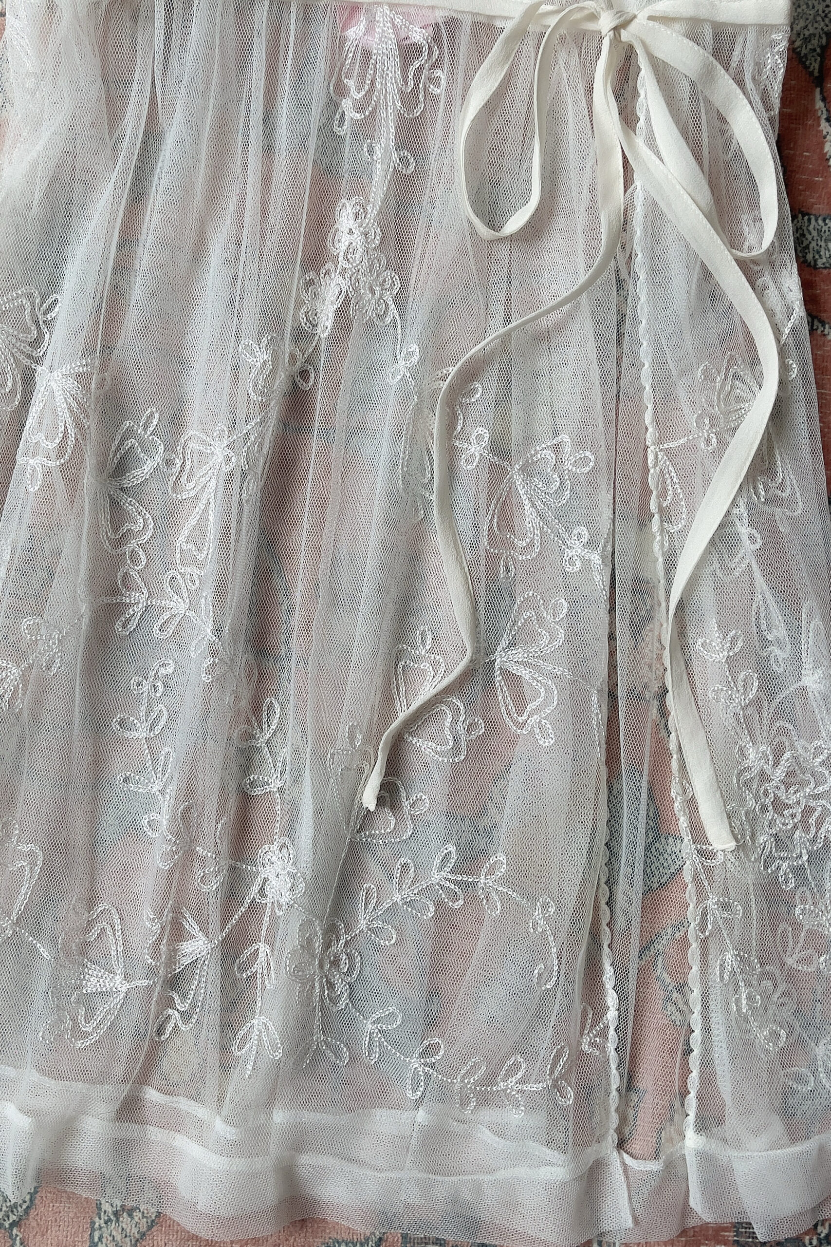 Vintage Soft Ivory Mesh Embroidered Mini Slip Dress (S) - Image 8