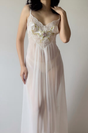 Vintage 1990s Soft White Lace Chiffon Maxi Slip Dress (S–M)