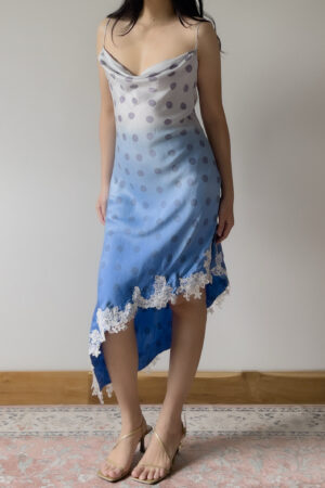 Vintage Pale Lavender & Hand-Dyed Blue Silk Polka Dot Slip Dress (S–M)