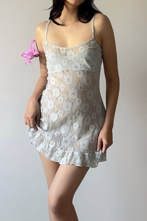 Vintage Dusty Ice Blue Sheer Floral Lace Mini Slip Dress (M–L)