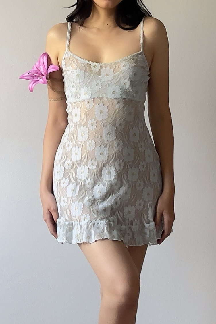 Vintage Dusty Ice Blue Sheer Floral Lace Mini Slip Dress (M–L) - Image 2