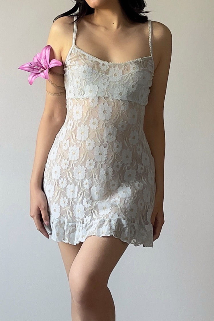 Vintage Dusty Ice Blue Sheer Floral Lace Mini Slip Dress (M–L) - Image 3