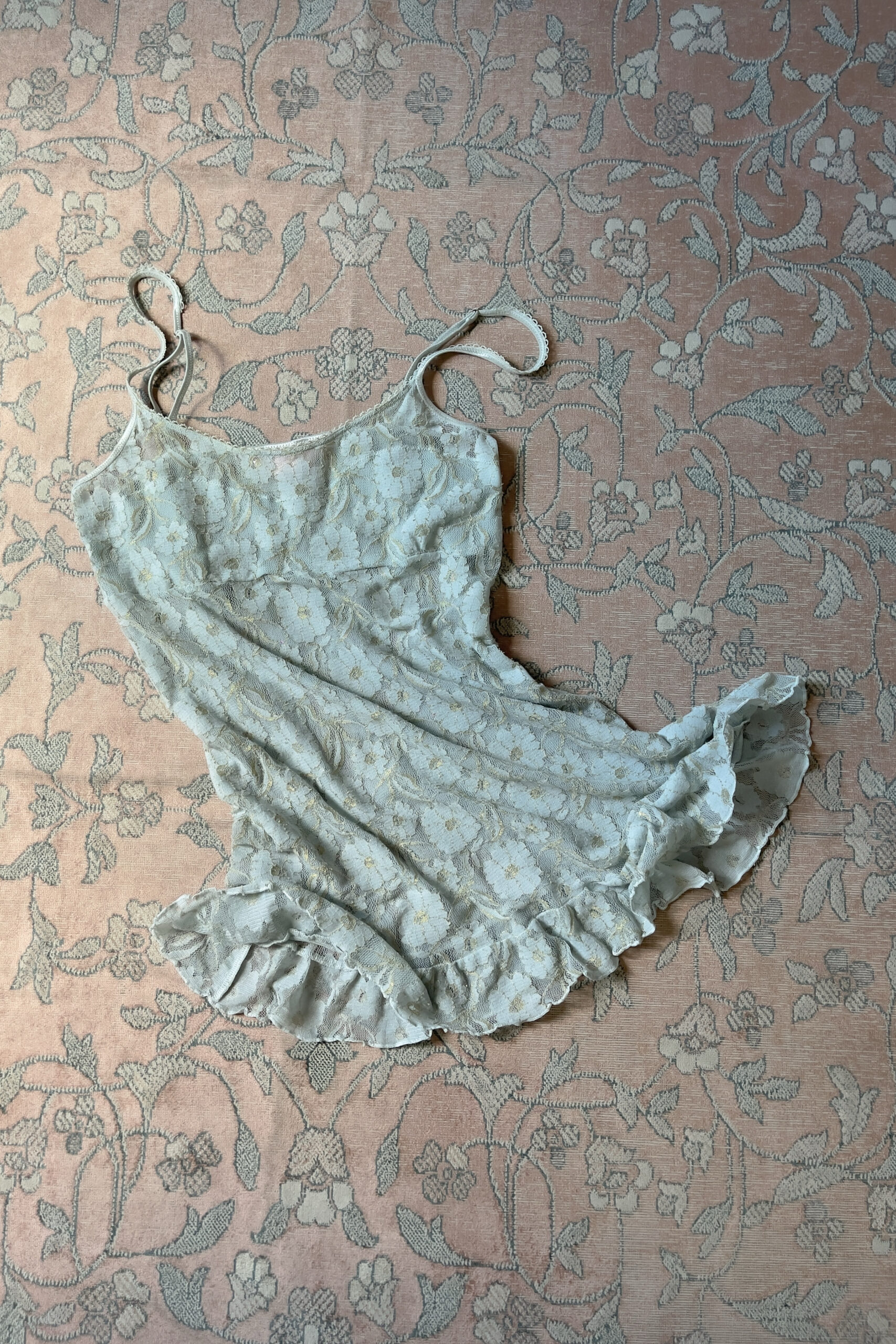 Vintage Dusty Ice Blue Sheer Floral Lace Mini Slip Dress (M–L) - Image 5