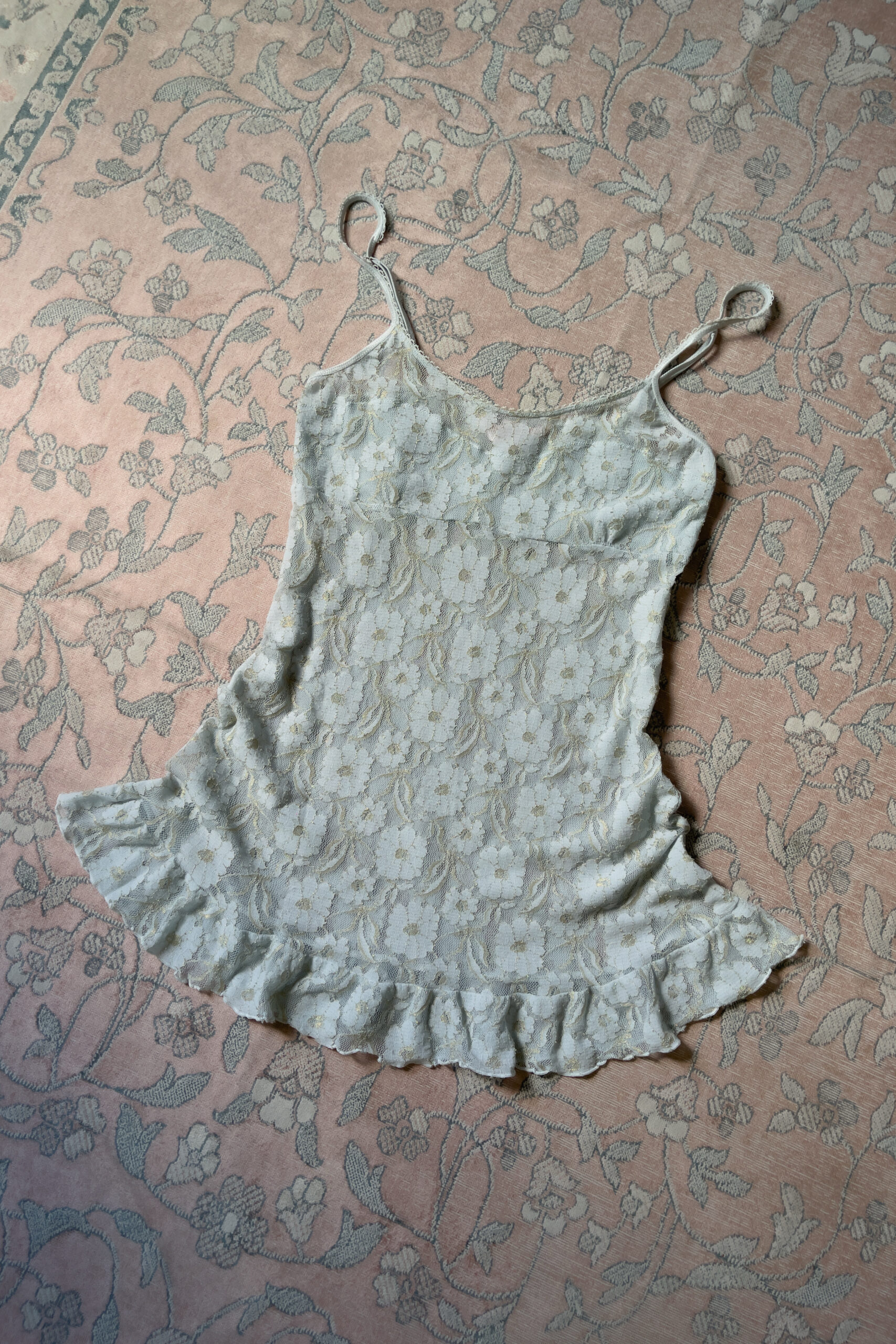 Vintage Dusty Ice Blue Sheer Floral Lace Mini Slip Dress (M–L) - Image 6