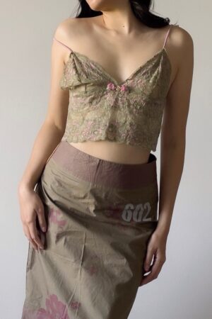 Vintage Y2K Green Floral Mesh Sheer Camisole (Medium)