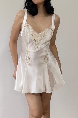 Vintage 1990s Ivory Satin & Lace Mini Slip Dress (XS)