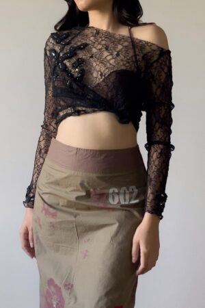 Romantic Black Lace Sheer & Crochet Flower Blouse (S–M)