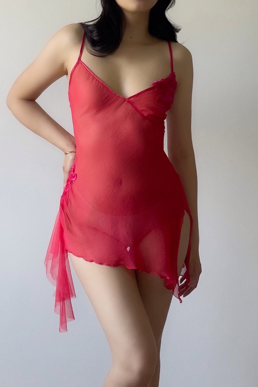 Vintage Red Silk Sheer Mini Slip Dress (XS–S) - Image 2
