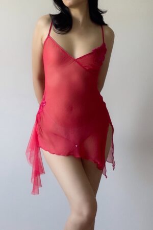 Vintage Red Silk Sheer Mini Slip Dress (XS–S)