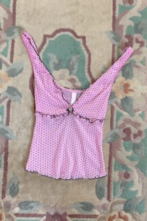 Vintage Y2K Pink Polka Dots Mesh Semi-Sheer Camisole (XS–S)