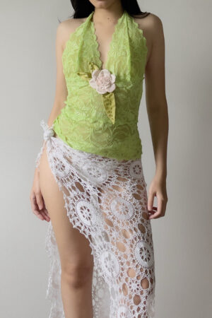 Romantic Y2K Lime Green Lace Sheer Halter Camisole (Medium)