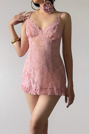 Romantic Dusty Rose Lace Sheer Mini Slip Dress (Small)