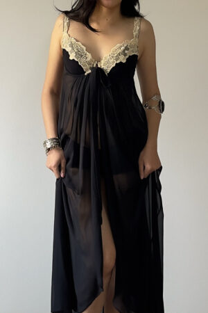 Vintage 1990s Black Chiffon Lace Open Front Nightgown (S–M)