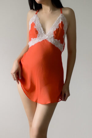 Vintage Orange Silk & White Lace Mini Slip Dress (Small)