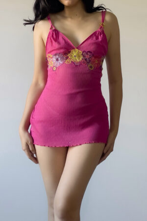 Vintage Y2K Hot Pink Floral Mesh Mini Slip Dress (S–M)