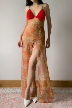 Vintage Leopard Print Sheer Chiffon Maxi Slip Dress (M–L)