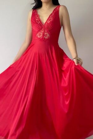 Vintage Olga 1970s Red Nylon Full Sweep Nightgown (Petite)