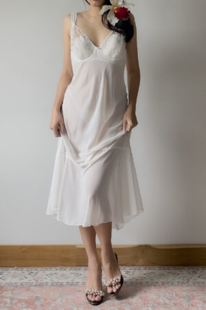 Vintage Soft White Semi-Sheer Chiffon Slip Dress (Medium)