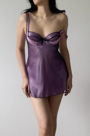 Vintage Lilac Satin & Black Mesh Mini Slip Dress (34B/32C)