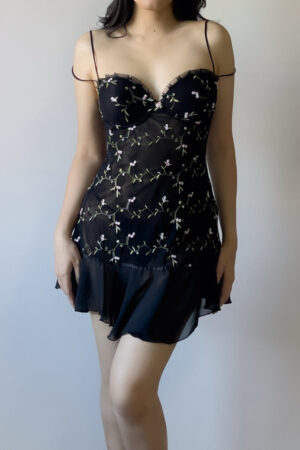 Romantic Black Floral Embroidered Mesh Slip Dress (M–L)