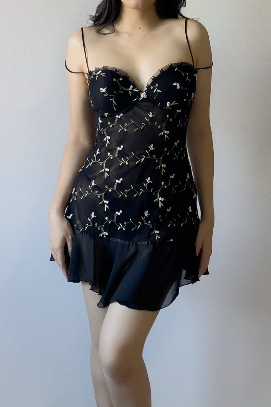 Romantic Black Floral Embroidered Mesh Slip Dress (M–L)