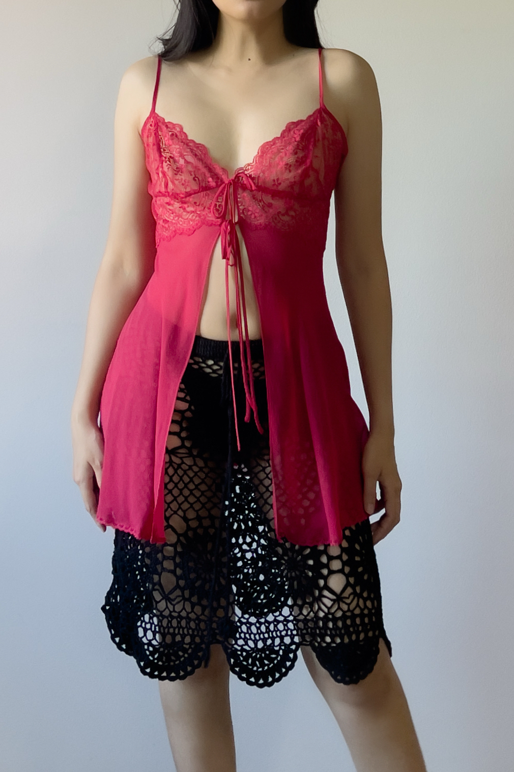 Vintage Red Lace & Silk Sheer Camisole (M) - Image 3