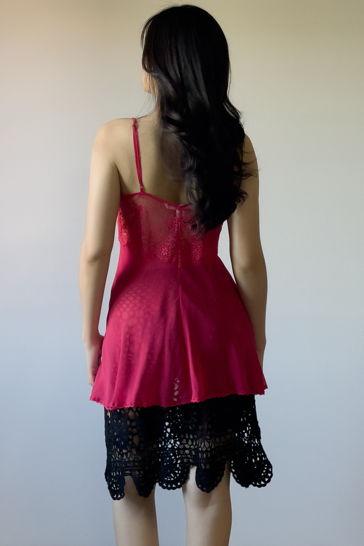 Vintage Red Lace & Silk Sheer Camisole (M) - Image 6