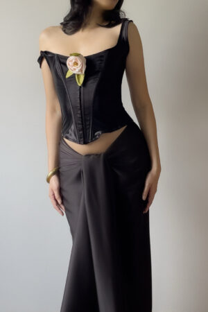 Vintage 2000s Black Satin Lace-Up Corset Top (Medium)