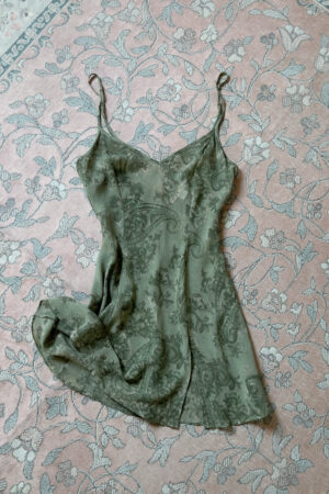 Vintage Muted Olive Green Silk Mini Slip Dress (XS–S)