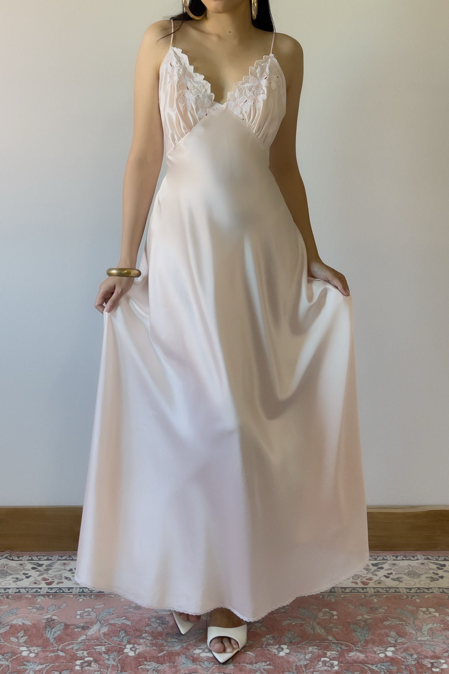Vintage 1980s Blush Pink Satin Slip Gown (L)
