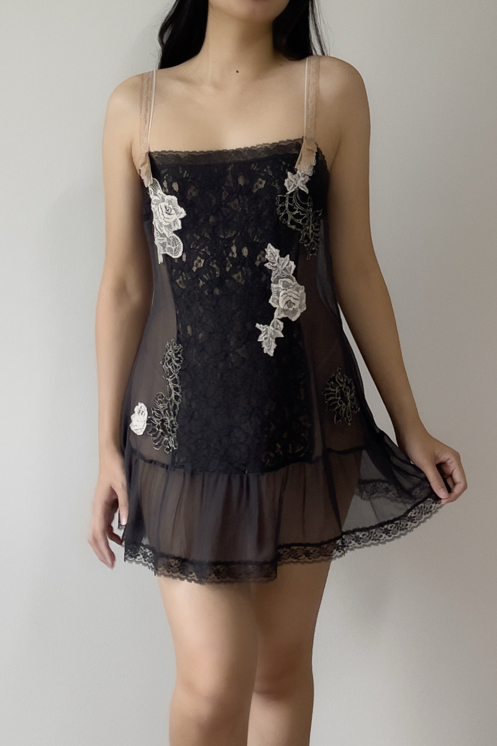Vintage Black Silk Chiffon & Lace Sheer Mini Slip Dress (L) - Image 3