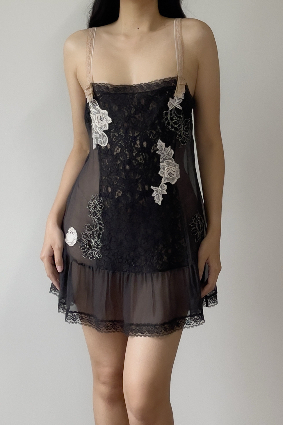 Vintage Black Silk Chiffon & Lace Sheer Mini Slip Dress (L) - Image 4
