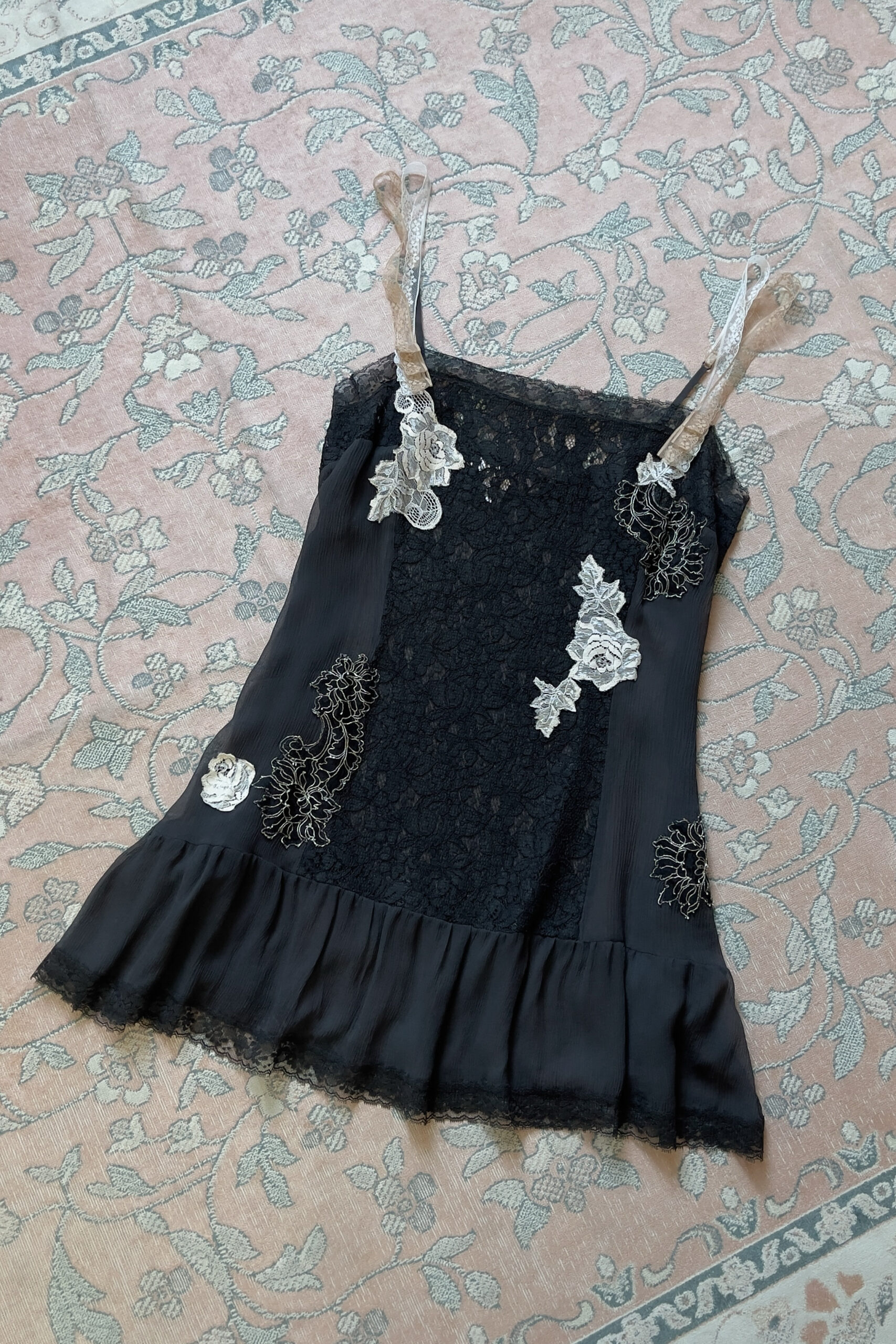 Vintage Black Silk Chiffon & Lace Sheer Mini Slip Dress (L) - Image 6