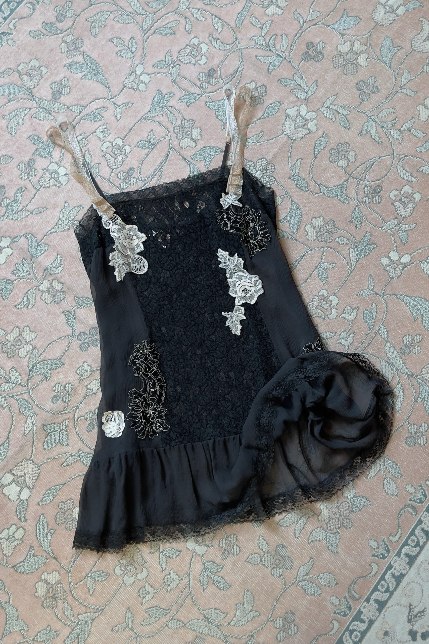 Vintage Black Silk Chiffon & Lace Sheer Mini Slip Dress (L) - Image 8