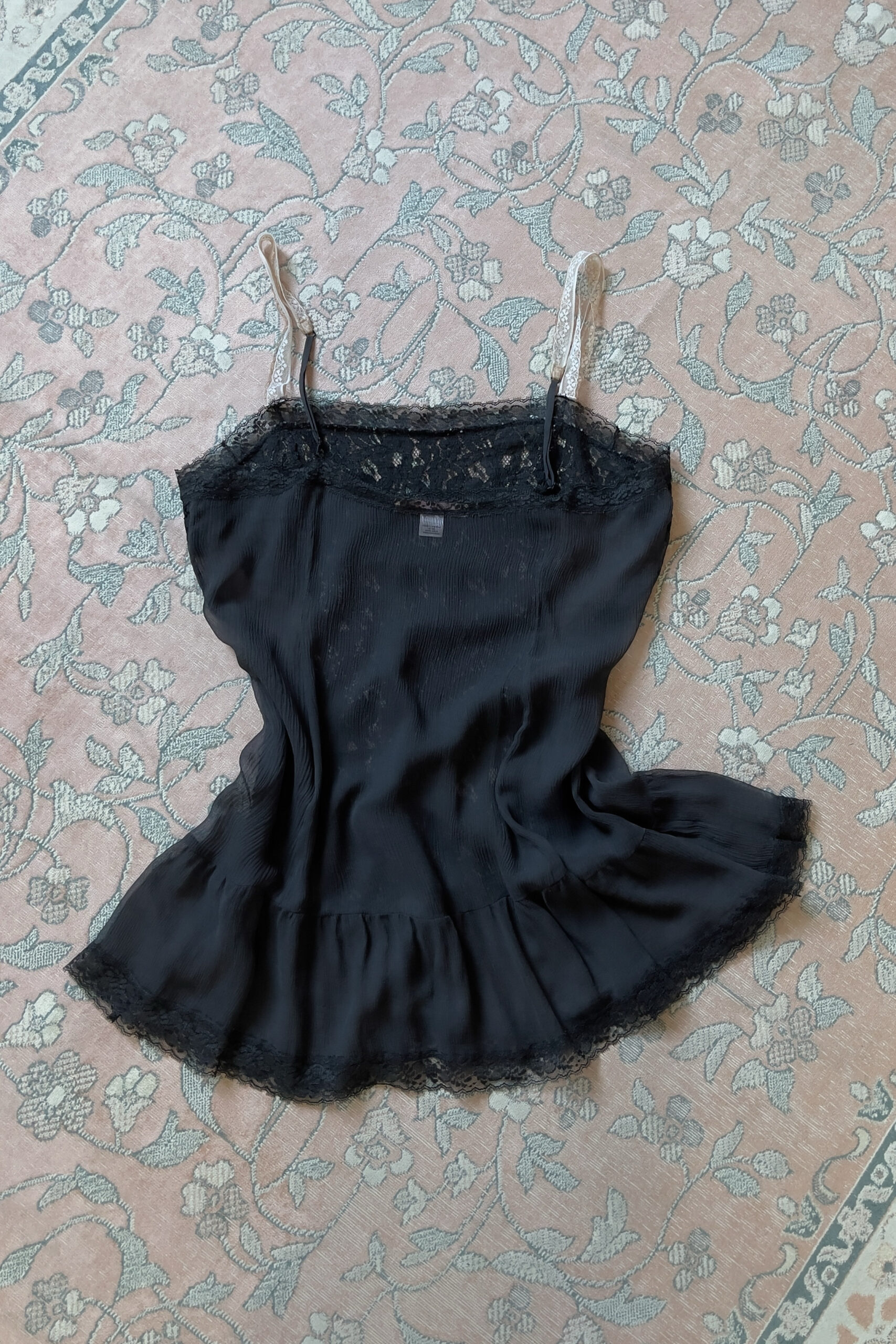 Vintage Black Silk Chiffon & Lace Sheer Mini Slip Dress (L) - Image 9