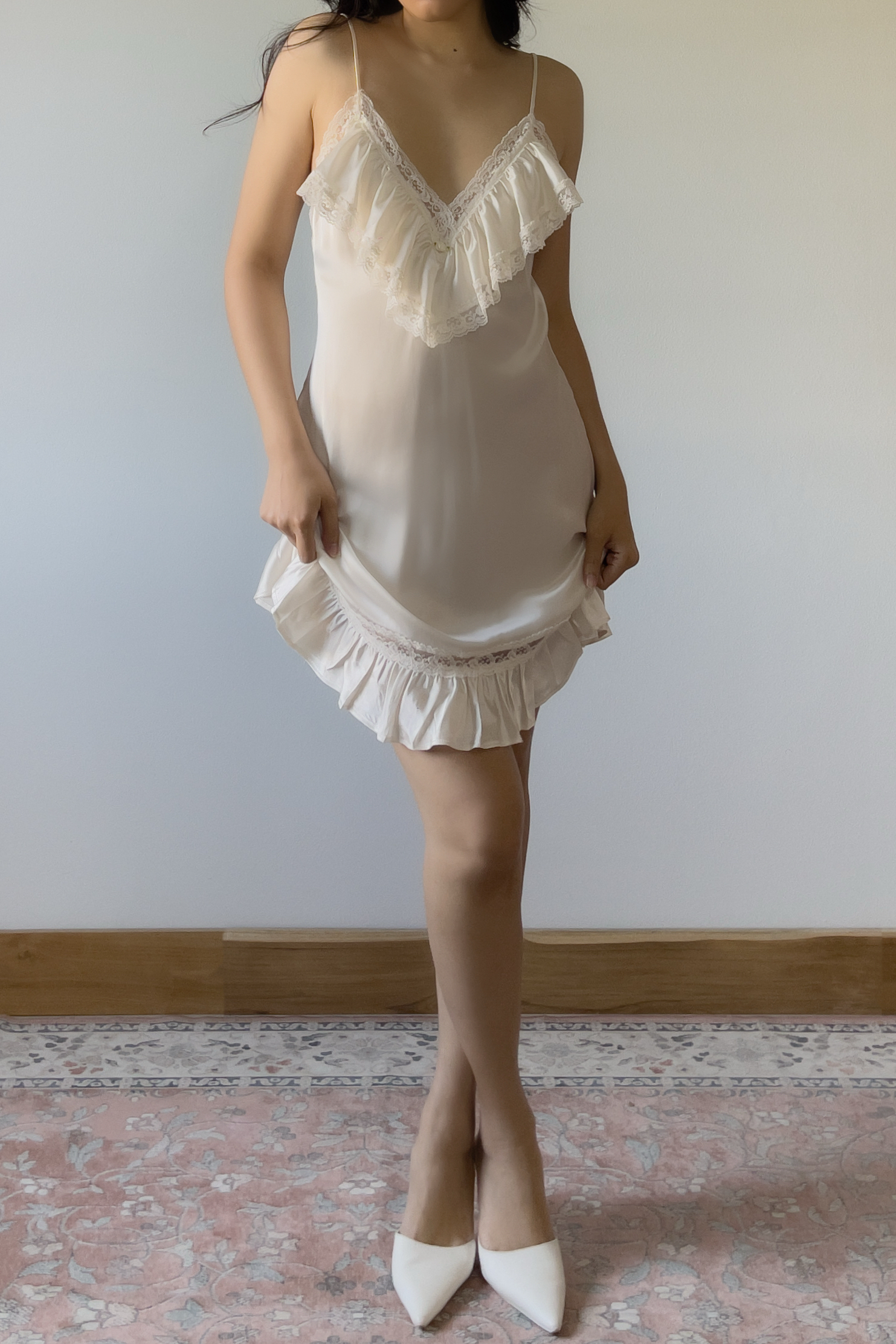 Vintage 1990s Ivory Satin Lace Ruffle Slip Dress (S) - Image 6