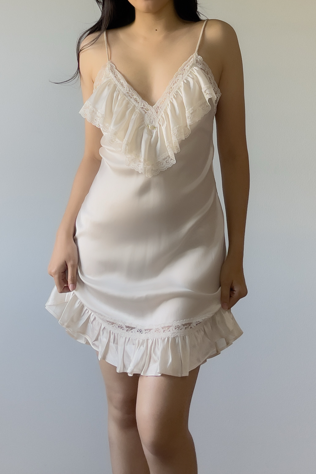 Vintage 1990s Ivory Satin Lace Ruffle Slip Dress (S) - Image 7