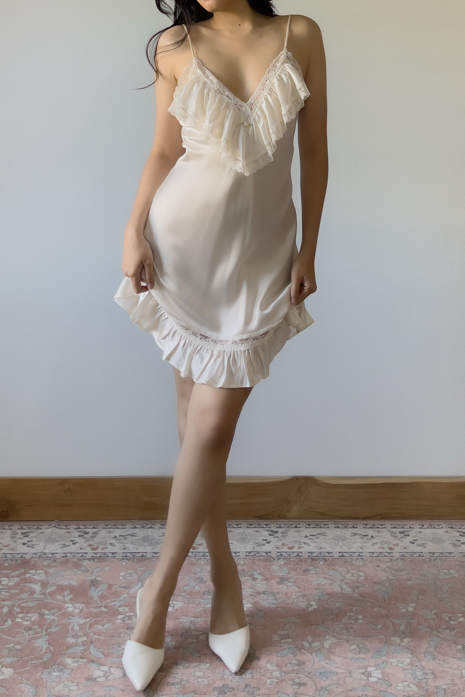 Vintage 1990s Ivory Satin Lace Ruffle Slip Dress (S) - Image 5