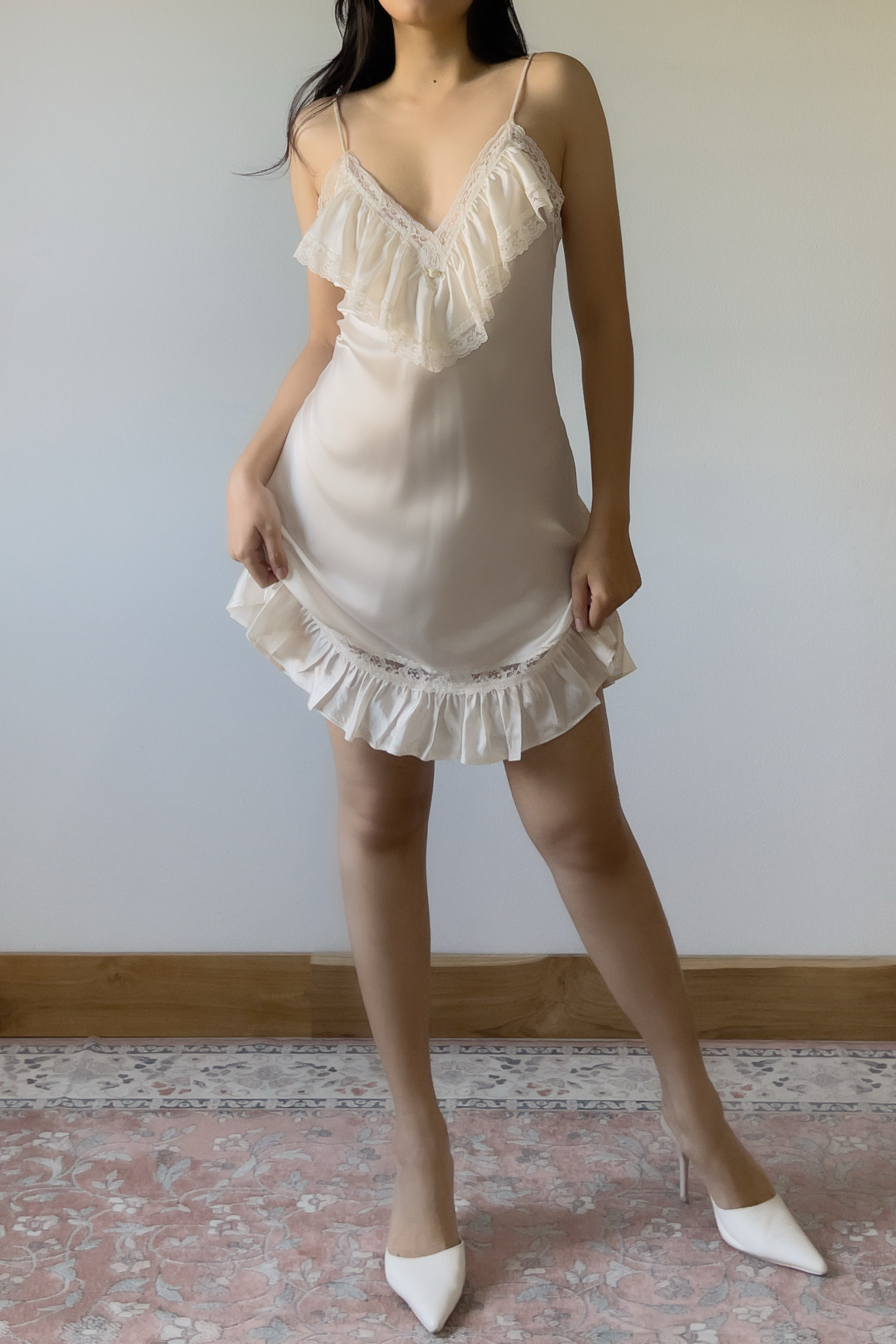 Vintage 1990s Ivory Satin Lace Ruffle Slip Dress (S) - Image 8