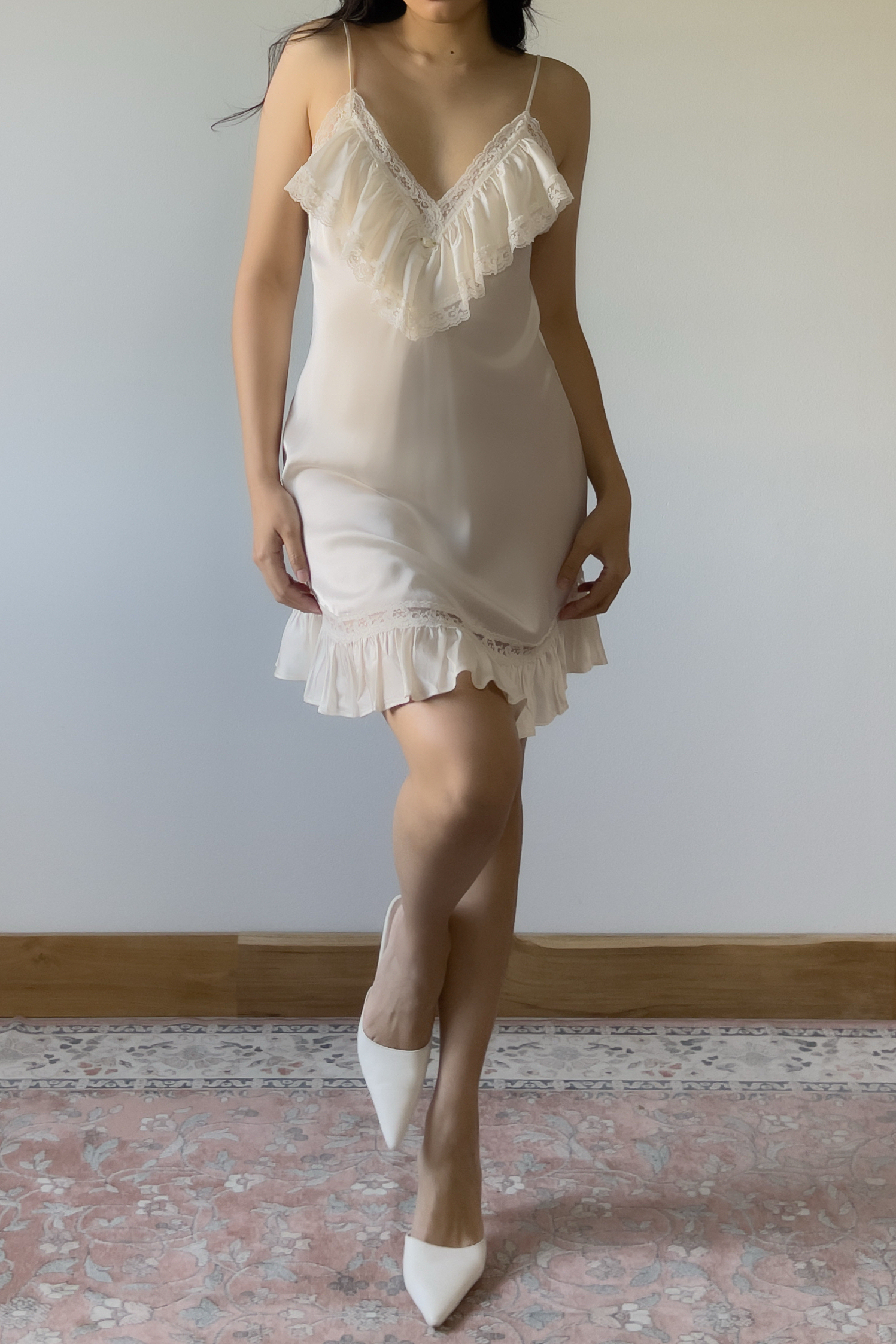 Vintage 1990s Ivory Satin Lace Ruffle Slip Dress (S) - Image 2