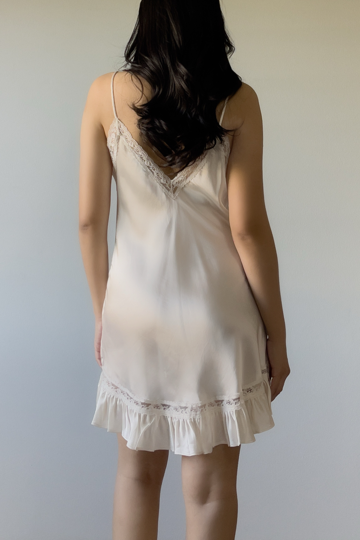 Vintage 1990s Ivory Satin Lace Ruffle Slip Dress (S) - Image 9